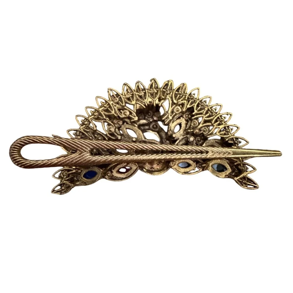 Vintage Style Peacock Hair Clip Gold Tone Multi Color‎ Rhinestone Filigree Boho